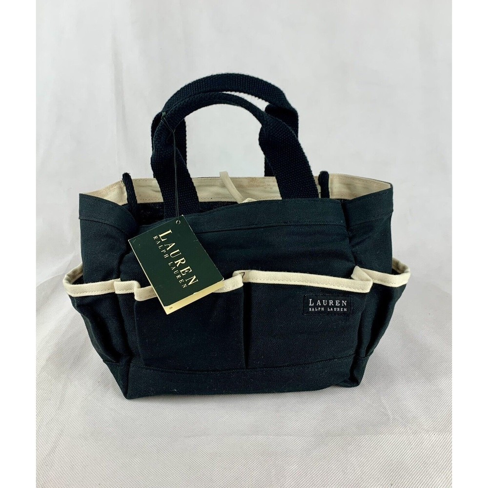Rare Lauren Ralph Lauren Canvas Garden Utility Tote Bag Black White Pockets